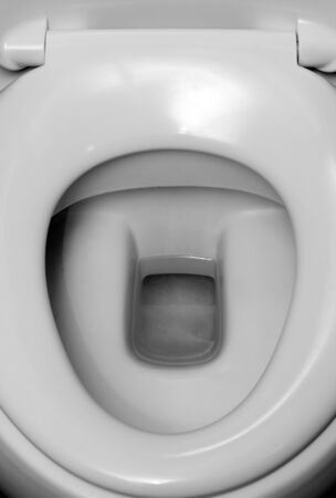 Close-up view of toilet bowl. In B/W