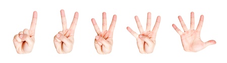 Counting hand signs from one to five. Isolated on whiteの写真素材
