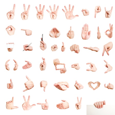 Many different hand signs isolated on whiteの写真素材