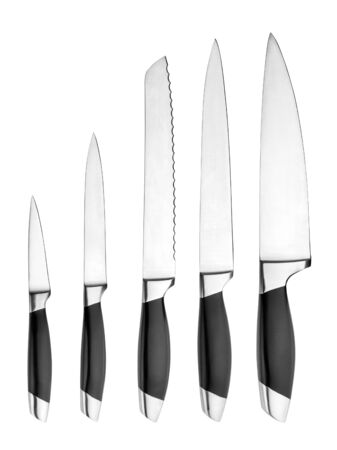 Set of professional kitchen knives isolated on whiteの写真素材