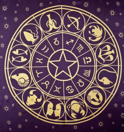 Wheel of Zodiac symbols printed on textileの写真素材