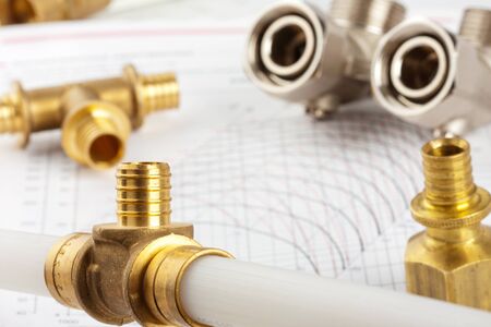 Plumbing supplies - pipes, accessories, documentation and valvesの写真素材