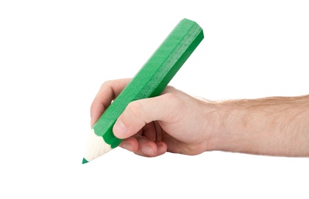 Hand with giant pencil. Isolated on white
