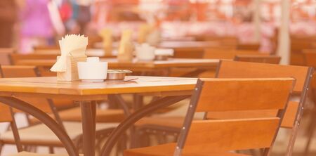 Restaurant table in old european townの写真素材