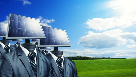 Businessmen with a solar panels instead of a heads