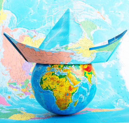 Closeup of globe with hat from mapの写真素材