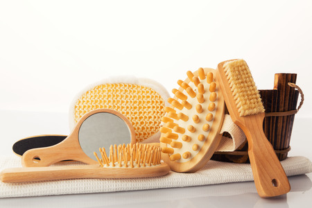 Set of bath accessories. Mirror, wisp, brushesの写真素材