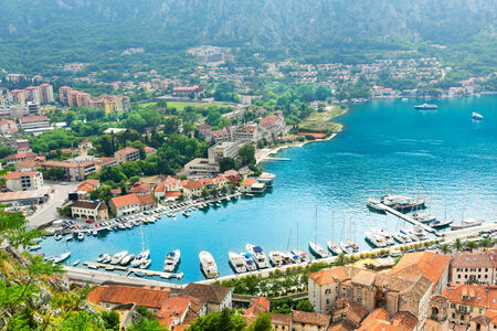 Nice view of harbor with buildings. Kotor, Montenegro.