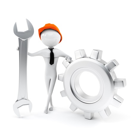 3d man worker holding a big wrench, isolated on white backgroundの写真素材