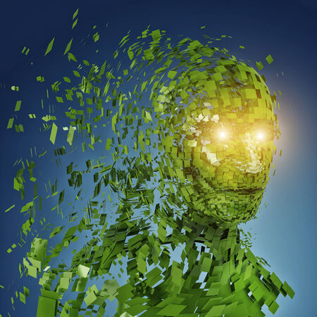 Human head silhouette with  a lot of green pieces and twinkled eyesの写真素材