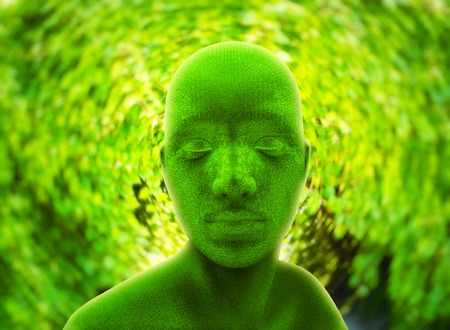 Human green head against foliageの写真素材