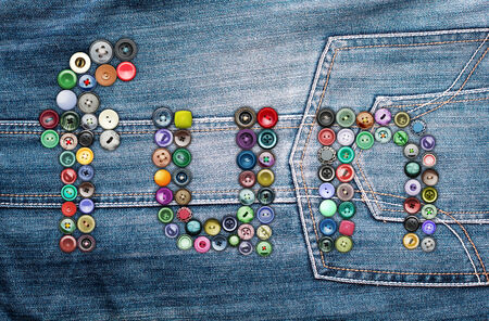Many colorful buttons on blue background forming the word 'fun'