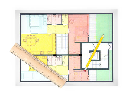 Up view of  house plan with a pencil and a ruller on white backgroundの写真素材