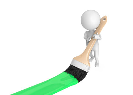 Little white person with brush painting on the floor isolated on white backgroundの写真素材