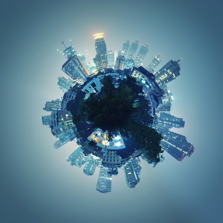 Many city buildings forming the globe at night