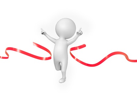 Small person runs as a winner over white backgroundの写真素材