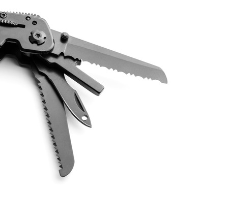 Black opened multitool knife isolated on white