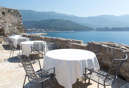 Sea view terrace of the luxury hotel of Montenegro with mountain viewのeditorial素材