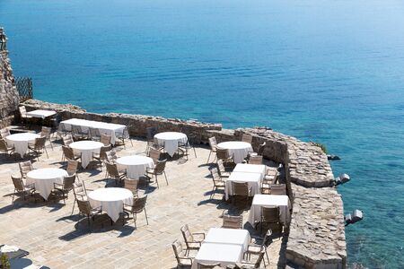 Sea view terrace of the coast restaurant of Montenegroのeditorial素材