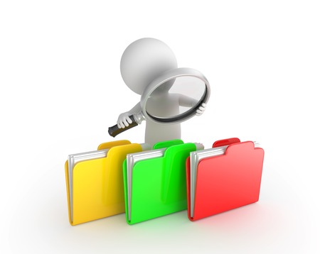 3D person with folders and a magnifying glass