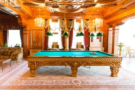Novi Petrivtsi, Ukraine - May 27, 2015 Mezhigirya residence of ex-president of Ukraine Yanukovich. Luxurious billiard table of "Khonka" houseのeditorial素材