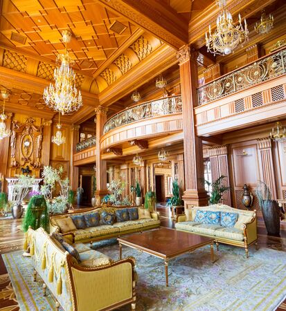 Novi Petrivtsi, Ukraine - May 27, 2015 Mezhigirya residence of ex-president of Ukraine Yanukovich. Main hall of luxurious "Khonka" houseのeditorial素材