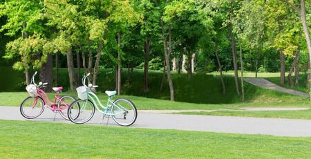 Two bicycles standing on the road in the park