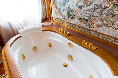 Novi Petrivtsi, Ukraine - May 27, 2015 Mezhigirya residence of ex-president of Ukraine Yanukovich. Close up of luxurious bathroomのeditorial素材