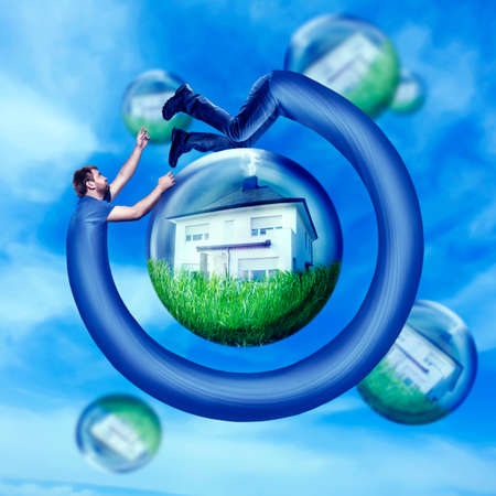 Long man running round his house in the water bulbの写真素材