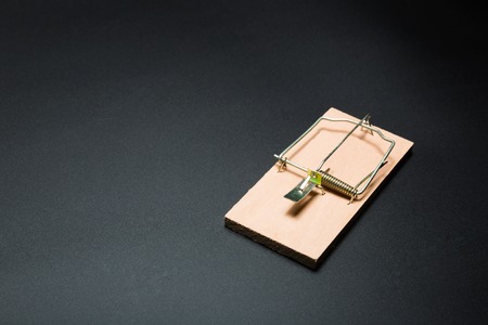 A wooden mousetrap on greyの写真素材