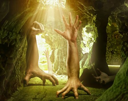 Bizarre human hand creatures in the cave