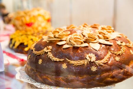 Close up of round loaf on the shelfの写真素材