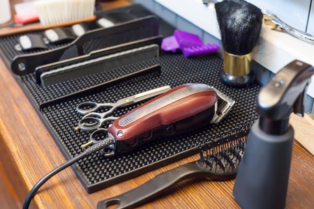 Close up of barber's accessories on the tableの写真素材