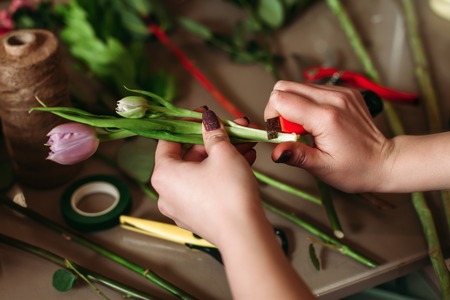 Woman work above table with florist tools.の写真素材