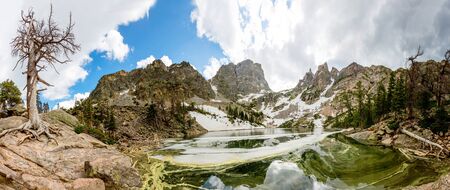 Mirror mountains in lake landscape panoramic viewの写真素材