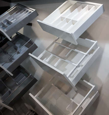 Empty decorative dish shelves for interior decor.