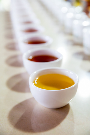 Ceylon tea degustation cups closeup viewの写真素材