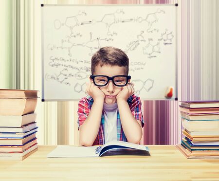 Little boy learns homework in the school library