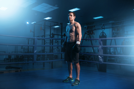 Muscular boxer in black gloves on the ringの写真素材