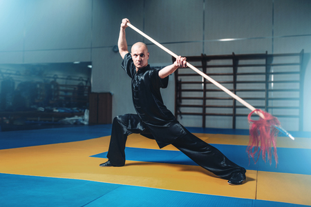 Wushu master training with spear, martial artsの写真素材