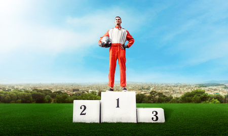 Karting racer on winner podium go kart competitionの写真素材