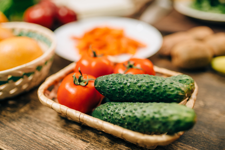 Raw vegetables on wooden table closeup, nobodyの写真素材