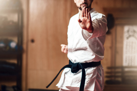 Martial arts master on fight training in gymの写真素材