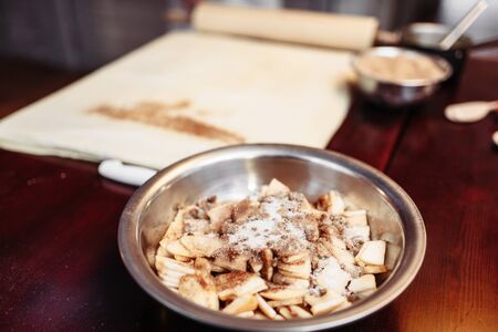 Apple strudel ingredients on wooden table, nobodyの写真素材