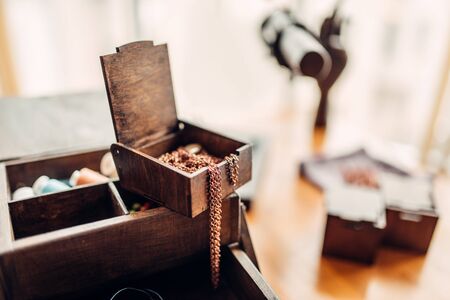 Needlework, rings in box, selective focuse, nobodyの写真素材