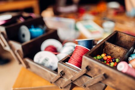 Needlework, box with ropes, beads and accessoriesの写真素材