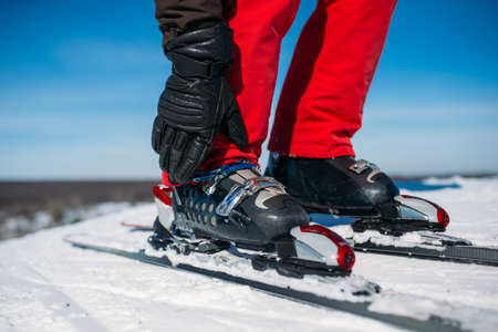 Skier hand fastens the fastening of skis closeupの写真素材