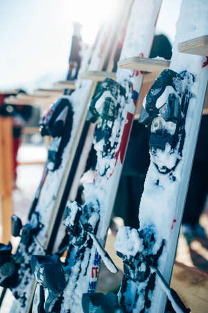 Row of snowboards closeup, winter extreme sportの写真素材