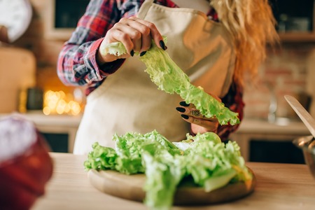 Housewife in apron prepares salad on the kitchenの写真素材