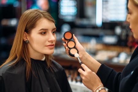 Cosmetician and female client in makeup shopの写真素材